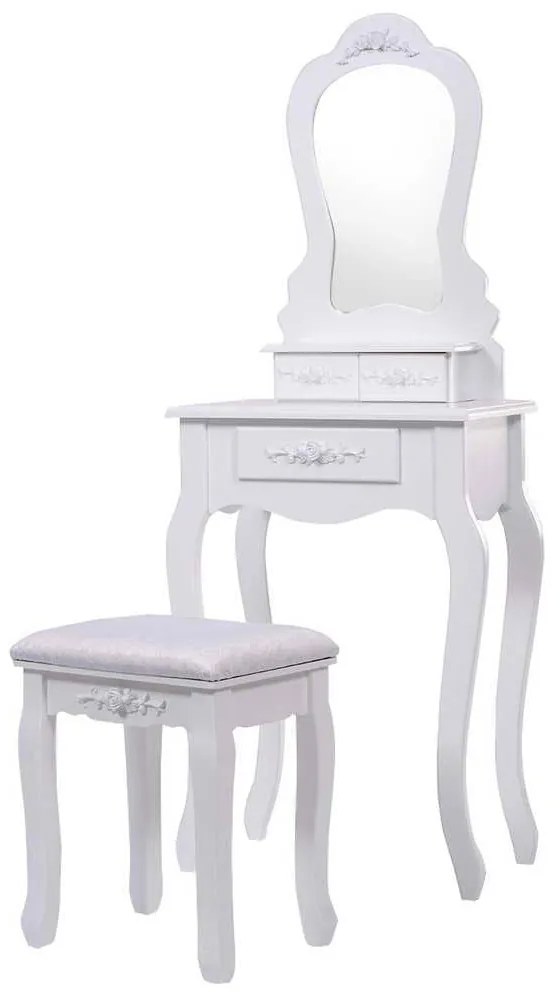 Toucador com Espelho "Freya" em MDF Branco com 3 Gavetas e Banco Acolc