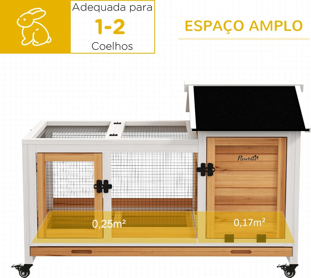 Coelheira de Madeira com Rodas para 1-2 Coelhos com Teto Abatível Bandeja Amovível 108x58x73,5 cm Madeira e Branco