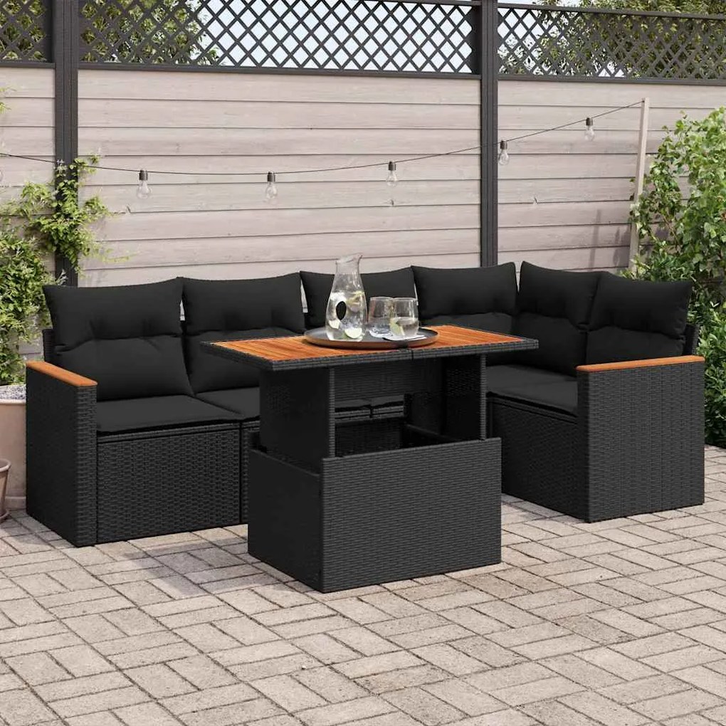 vidaXL 6 pcs conjunto sofás jardim c/ almofadões vime PE/acácia preto
