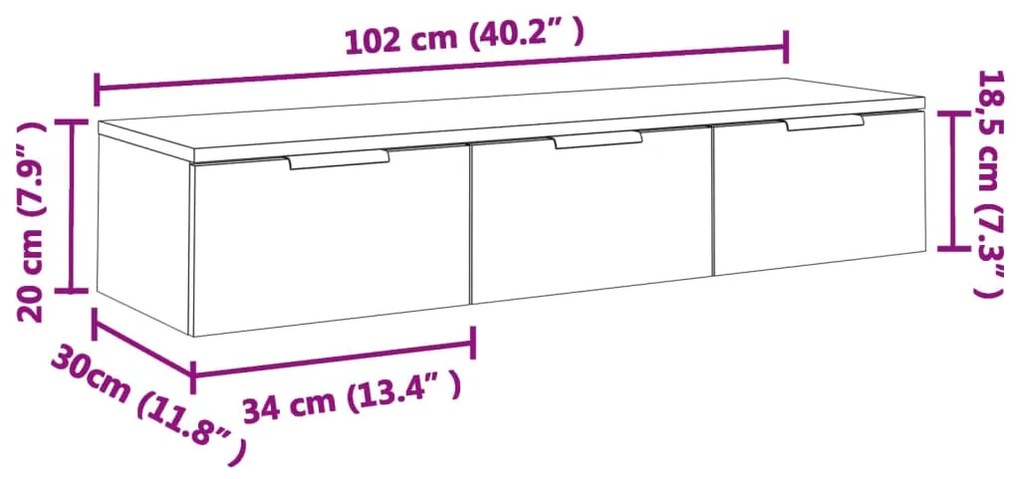 Móvel de TV de Parede Flix com 3 Gavetas de 102cm - Cinzento Sonoma -