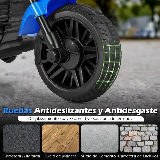 Mota elétrica infantil de 6 V com farol LED, música, 2 rodas, pedais de treino e espelhos retrovisores – a partir dos 18 meses – Preto + Azul