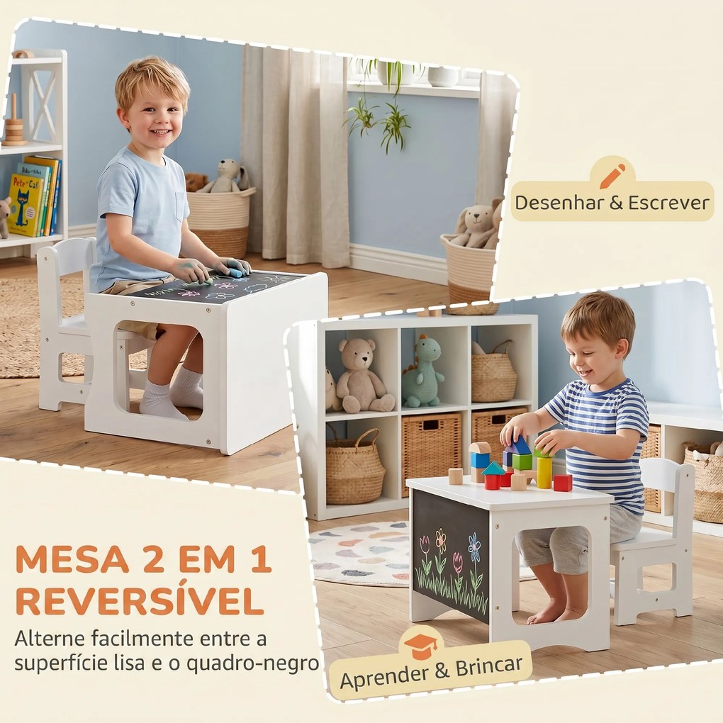 Mesa Infantil com Cadeira Tampo Reversível Mesa e Cadeira Infantil com Lousa para Desenho Crianças 3-6 Anos Branco