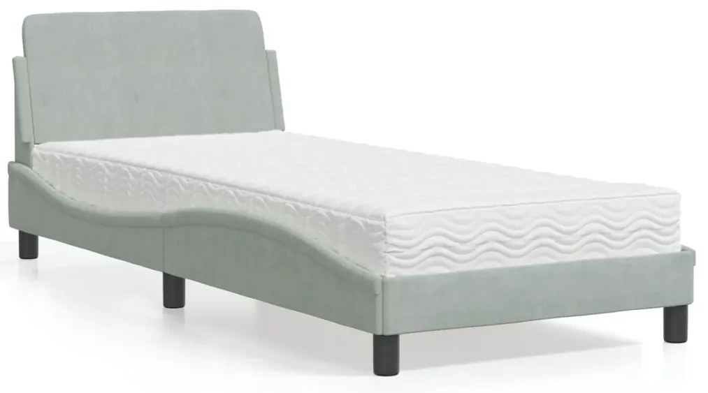 vidaXL Cama com colchão 90x200 cm veludo cinzento-claro