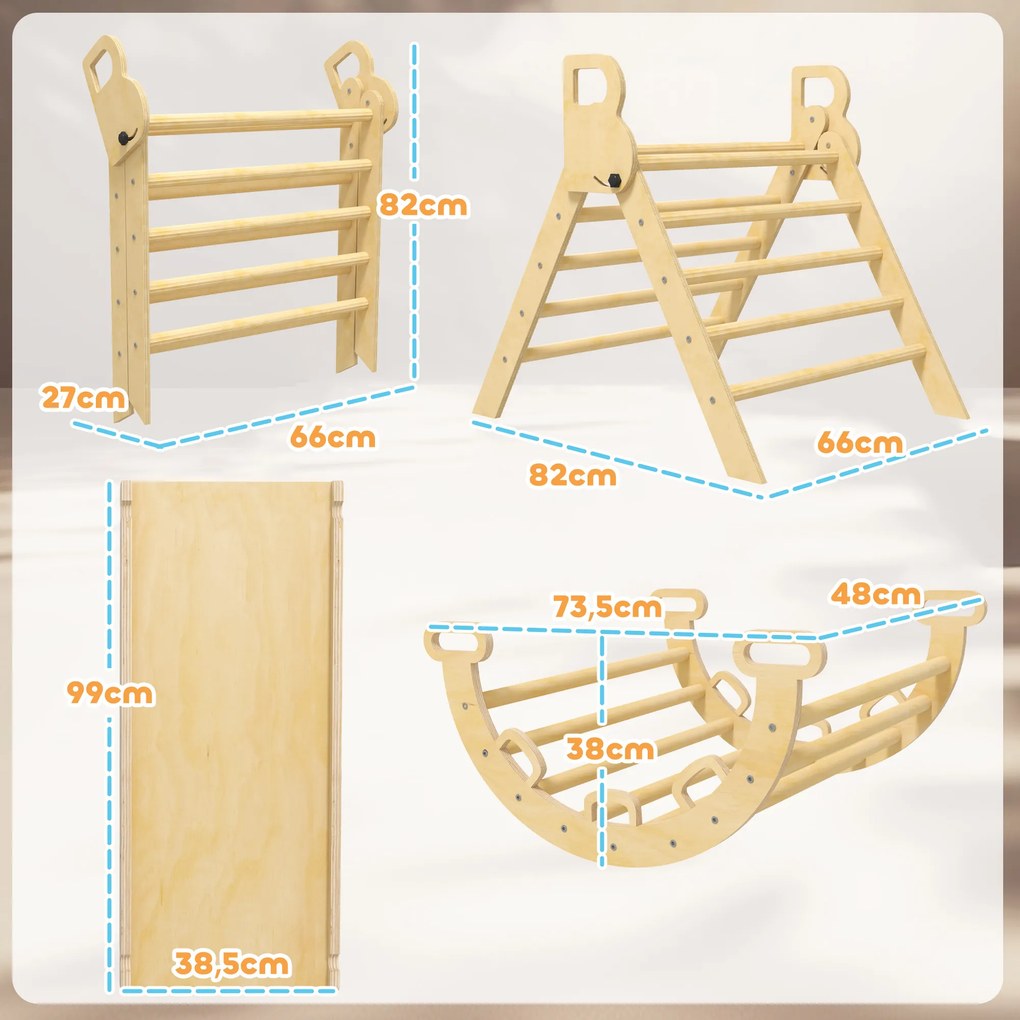 Triângulo de escalada 185 C x 66 L x 71 A cm infantil 5 em 1 com rampa de escalada reversível e balancé madeira natural
