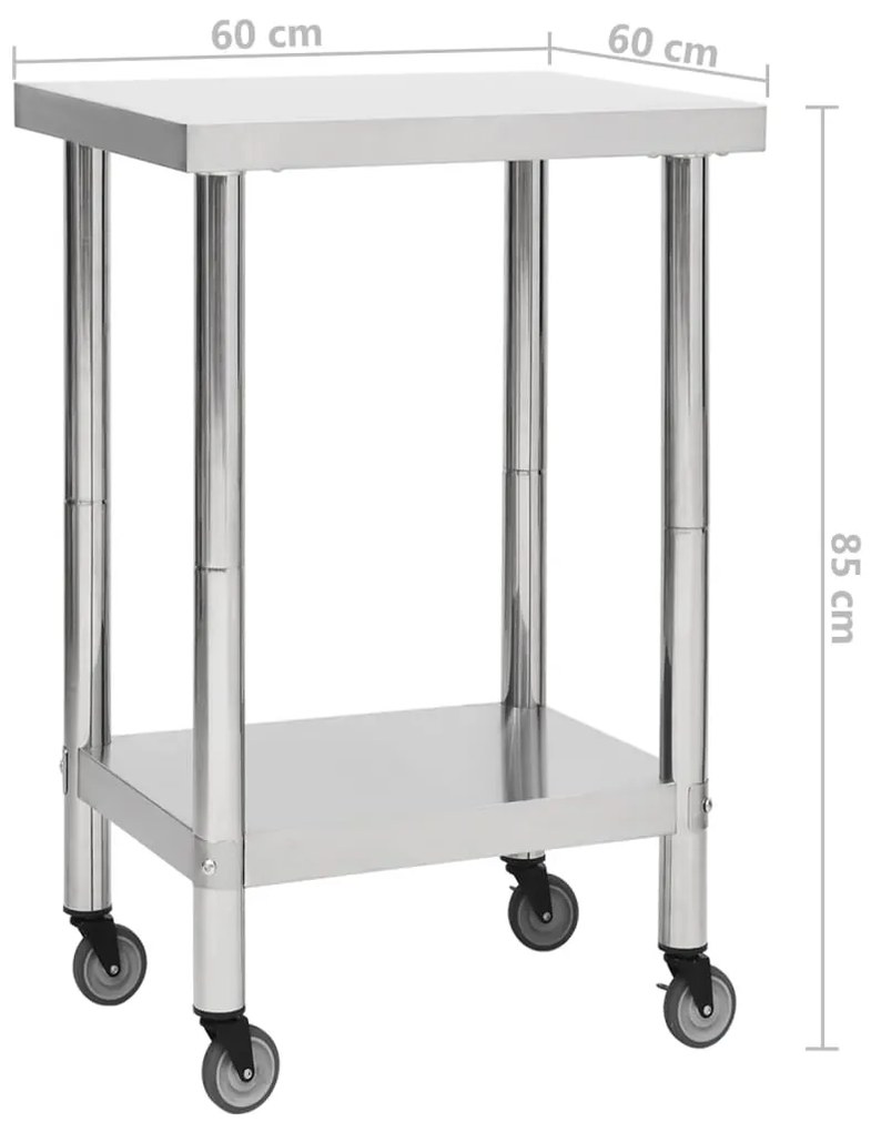 Mesa de trabalho de cozinha com rodas aço inoxidável 60x60x85