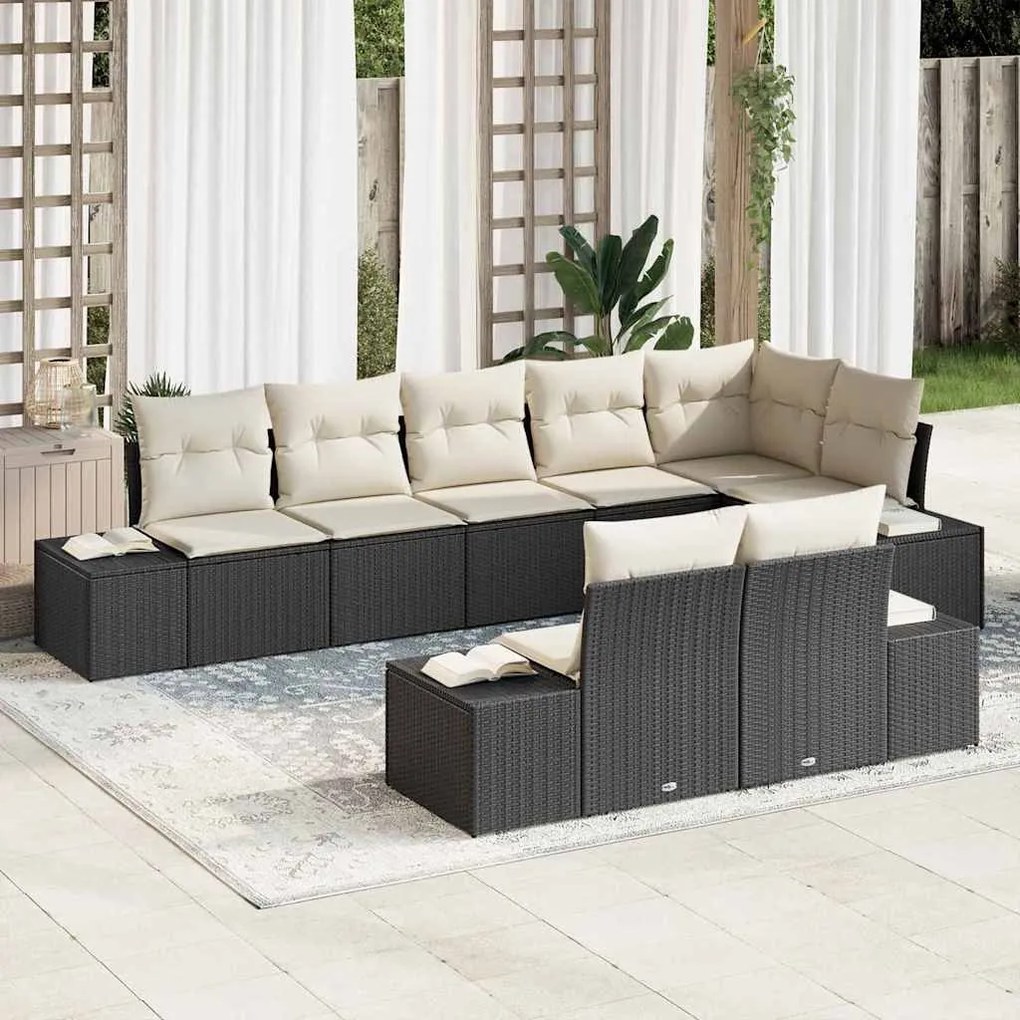 vidaXL Conjunto de Sofá de Jardim 8 pcs Preto e Creme Rattan Sintético