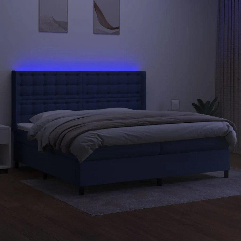 Cama box spring c/ colchão e LED 200x200 cm tecido azul