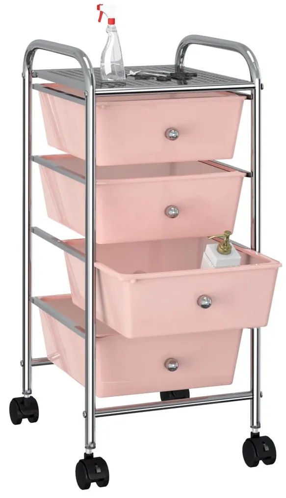 Carrinho de arrumação móvel com 4 gavetas plástico rosa