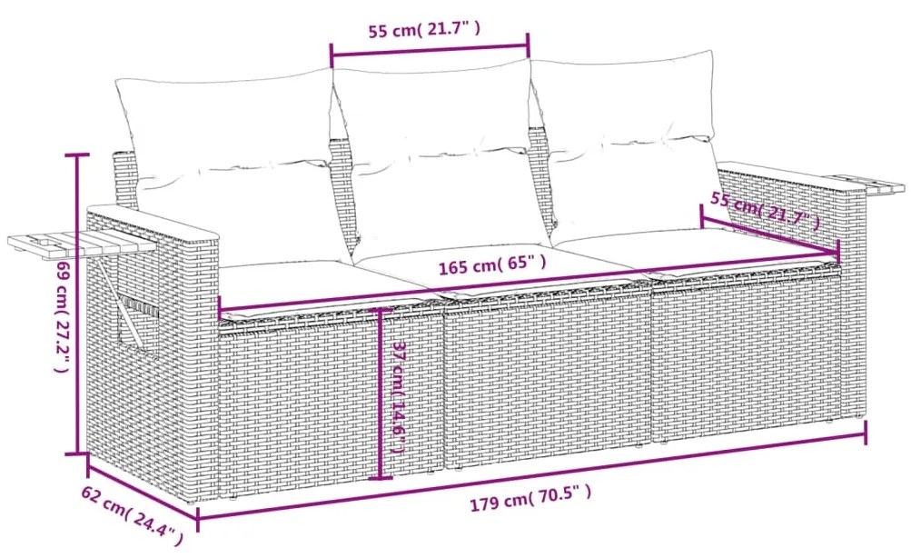 3 pcs conjunto sofás de jardim c/ almofadões vime PE cinzento