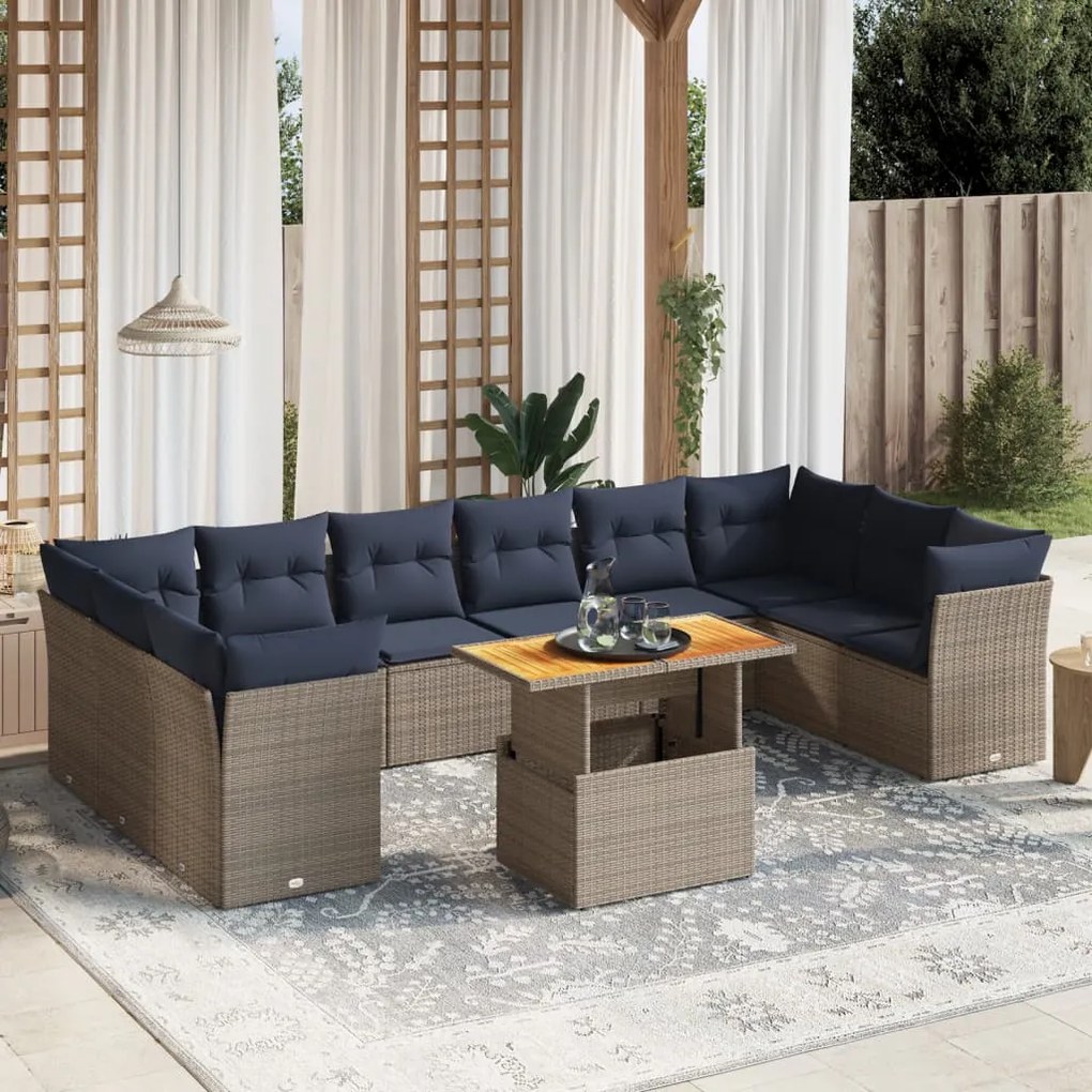 vidaXL 11 pcs conjunto sofás de jardim c/ almofadões vime PE cinzento