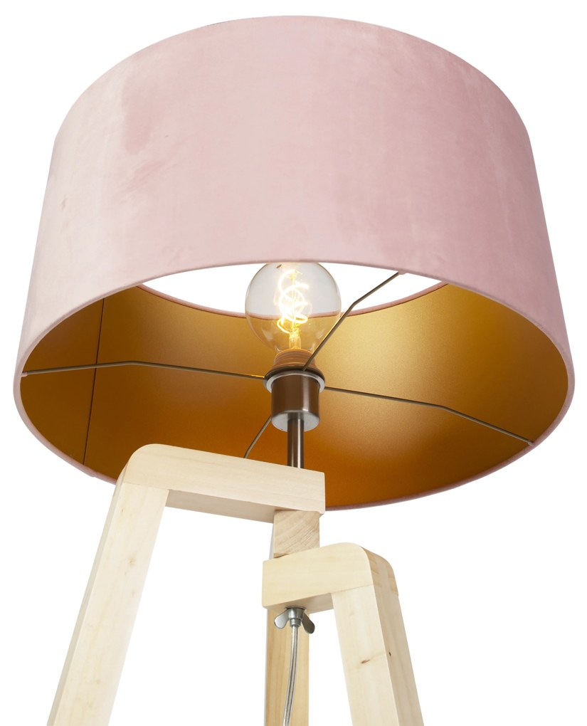 Candeeiro de pé tripé em madeira com abajur de veludo rosa 50 cm - Puros