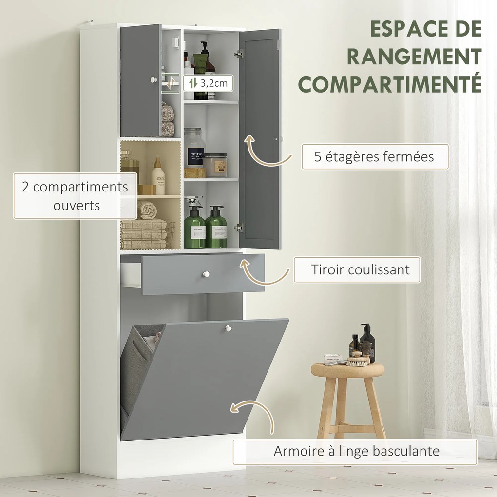 Móvel de casa de banho 62 x 28,3 x 181 cm com cesto para roupa suja e espelho com prateleira ajustável, cinzento e branco