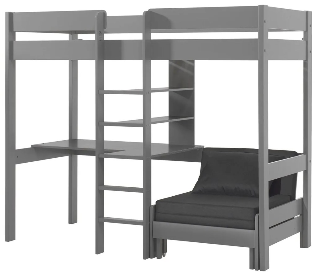 Cama alta de Criança PINO 90 x 200 cm + estrado + escada + secretária + 3 prateleiras + sofá-cama Cinzenta
