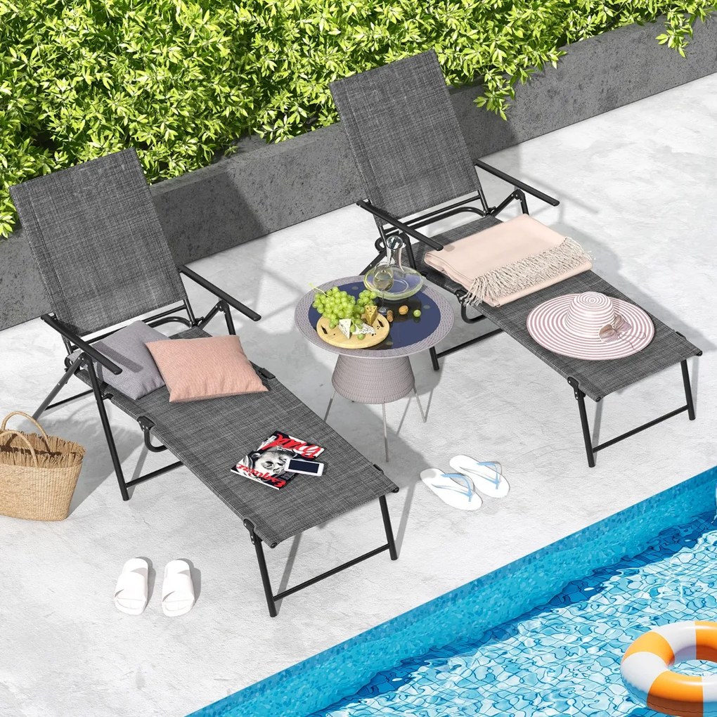 Conjunto de 2 espreguiçadeiras jardim dobráveis com encosto de 6 níveis Assento respirável Tecido Estrutura metálica 189 x 64 x 102 cm Cinzento