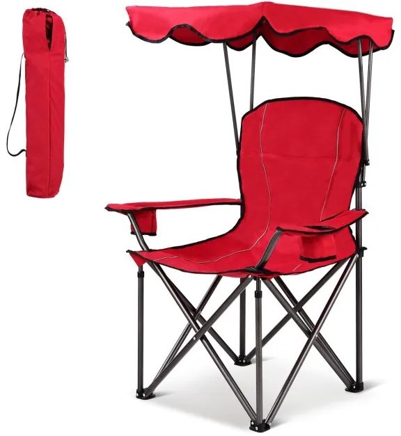 Cadeira de campismo dobrável com toldo para sombra Suporte para copos Cadeira de praia Carga 120 kg 53,5 x 53,5 x 130 cm Vermelho