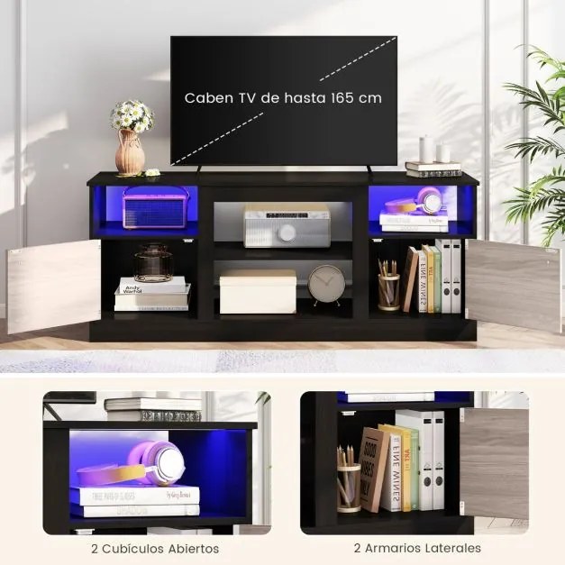Móvel para TV com luzes LED 147 x 40 x 60 cm para televisores de 65" Centro de entretenimento com estante ajustável Preto