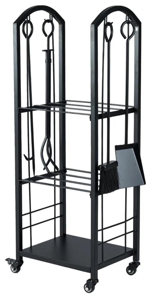 Estante para lenha 40 x 30 x 108 cm de 3 níveis com rodas e conjunto de 5 ferramentas. Inclui tenaz, atiçador, vassoura e pá para interior e exterior