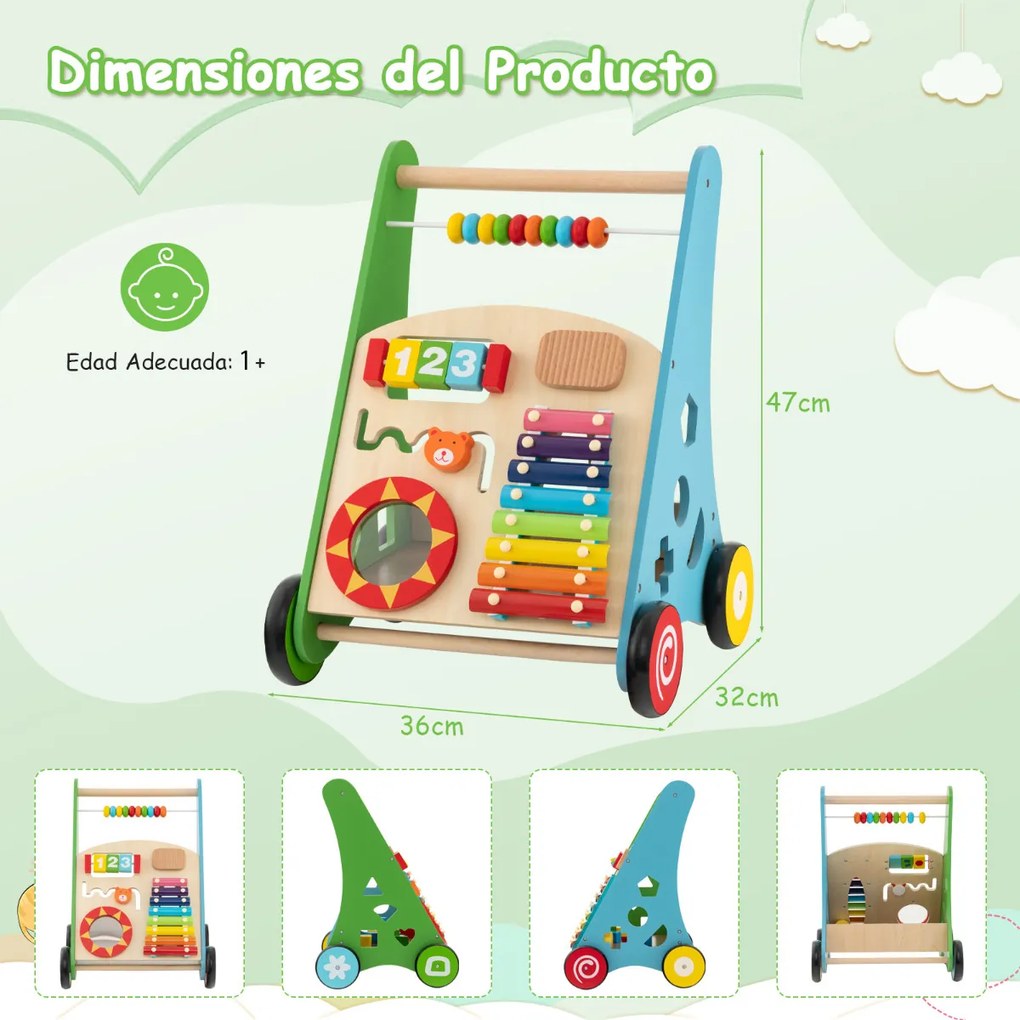 Andarilho de Bebé em Madeira Brinquedo Educativo de Atividade em Madeira com Rodas de Borracha Aprender a Andar para Bebés Multicolorido
