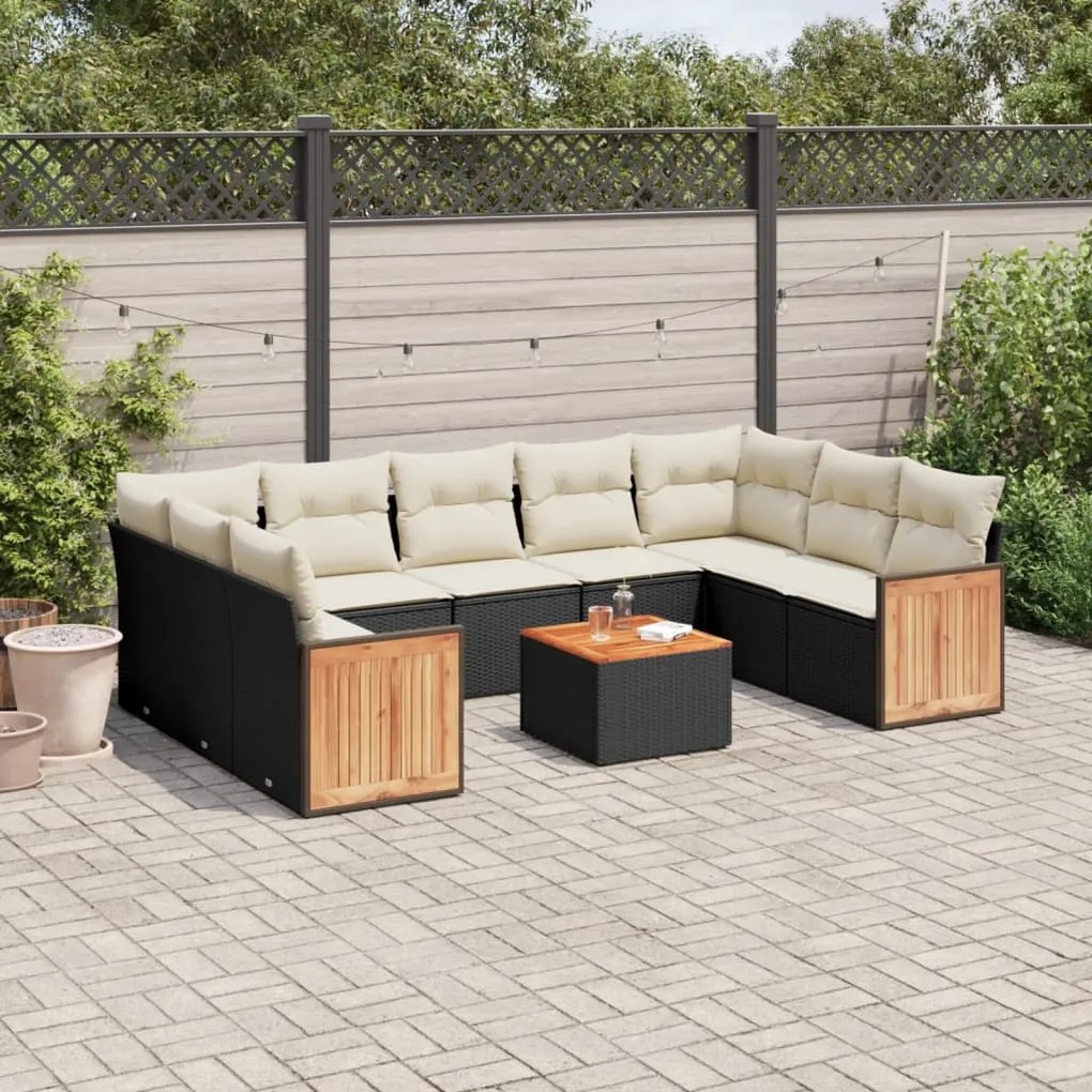 10 pcs conjunto sofás de jardim c/ almofadões vime PE preto