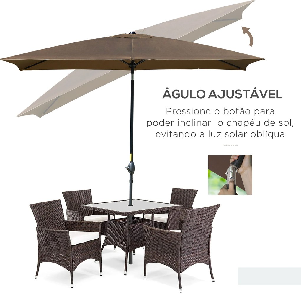 Outsunny Chapéu de Sol de Jardim 200x300x248 cm Proteção UV50+ Chapéu de Sol de Alumínio Inclinável com Teto de Ventilação e Manivela para Terraço Varanda Exterior Café