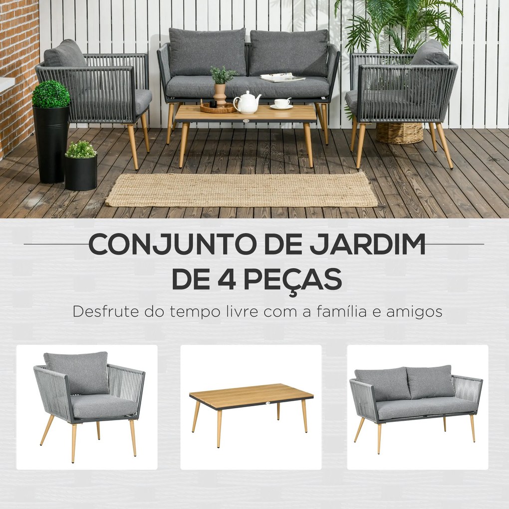 Conjunto de Móveis de Jardim de Vime 4 Peças Conjunto de Jardim com Sofá de 2 Lugares 2 Poltronas e Mesa de Centro com Bancada de Madeira e Plástico p