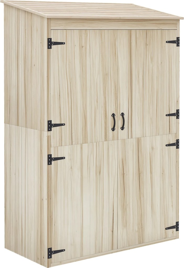 Armário de jardim, armário de arrumação em madeira, 2 prateleiras, 2 portas, telhado inclinado, 120 x 57 x 183 cm, madeira natural