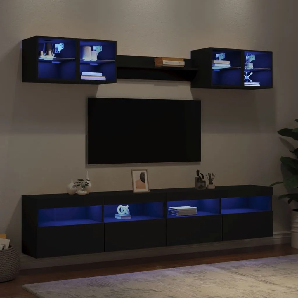 vidaXL 8 pcs conjunto de móveis de parede para TV com luzes LED preto