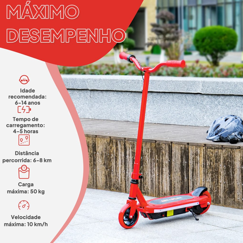 Trotinete Elétrica para Crianças Máx. 10 km/h Motor 80 W Autonomia Máxima 8 km Trotinete com Luzes LED Travão Traseiro 76x46x93 cm Vermelho