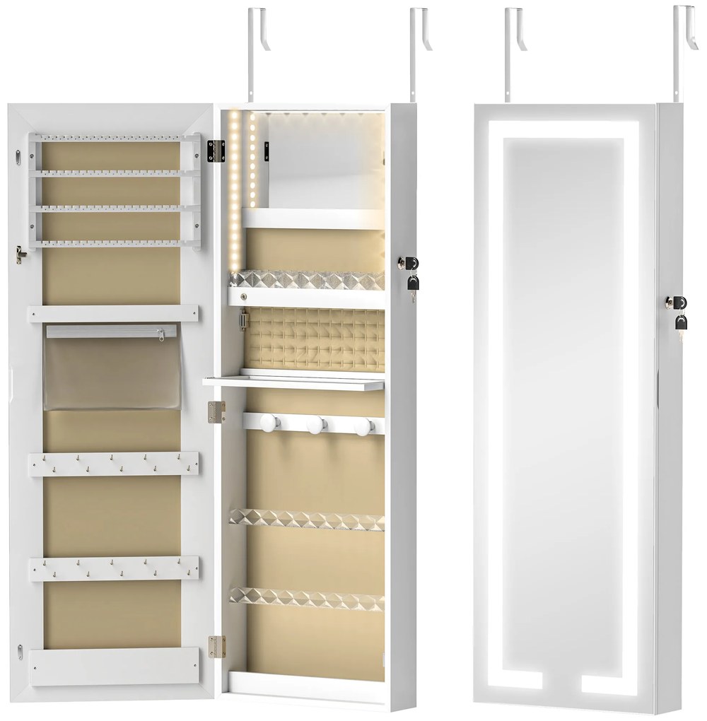 HOMCOM Espelho Joalheiro de Parede com Luzes LED e Fechadura para Pendurar na Parede ou na Porta 37x10,5x108 cm Branco | Aosom Portugal