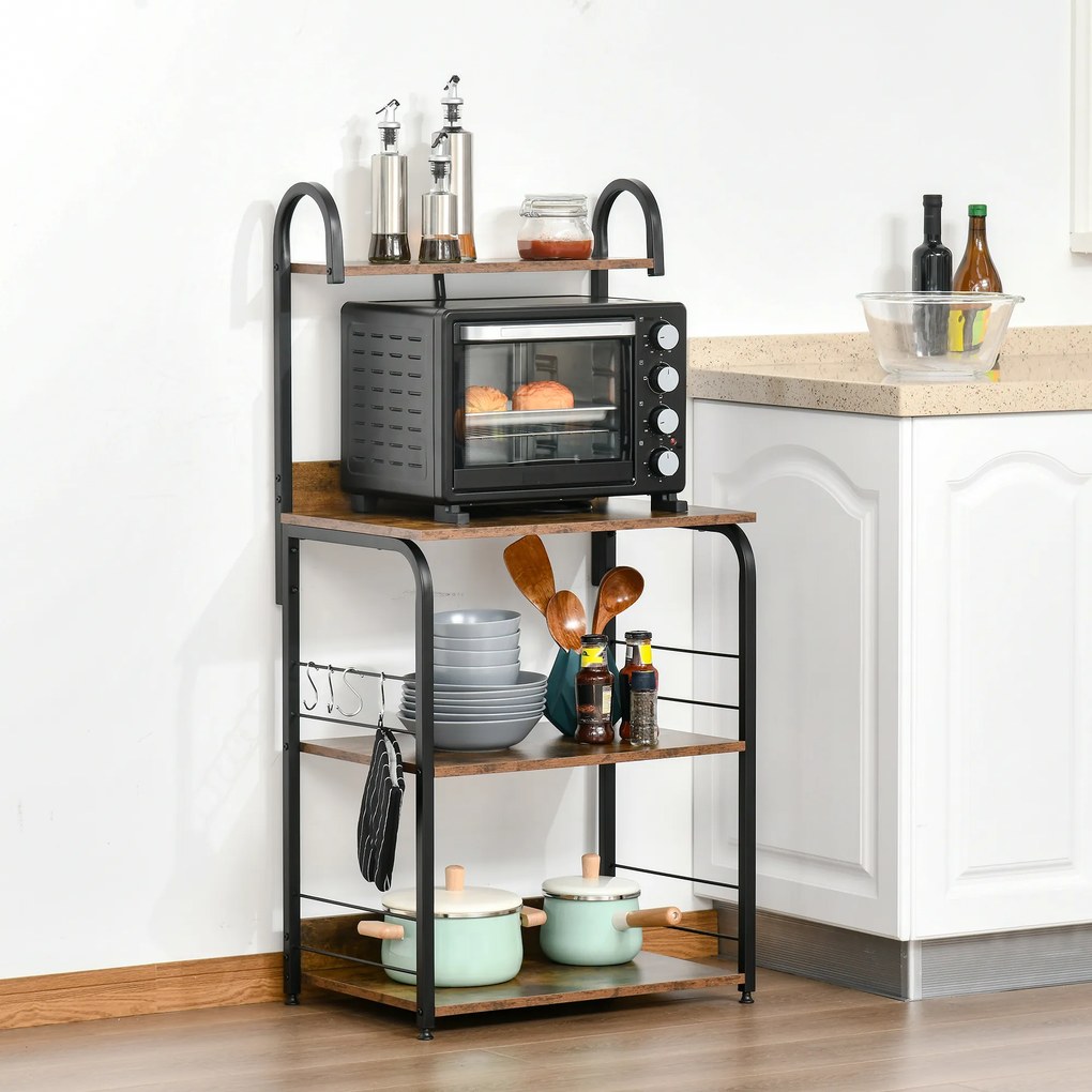 Estante de Cozinha Estante para Microondas com 4 Níveis Ganchos e Pés Ajustáveis Estante de Armazenamento 60x40x125 cm Castanho Rústico
