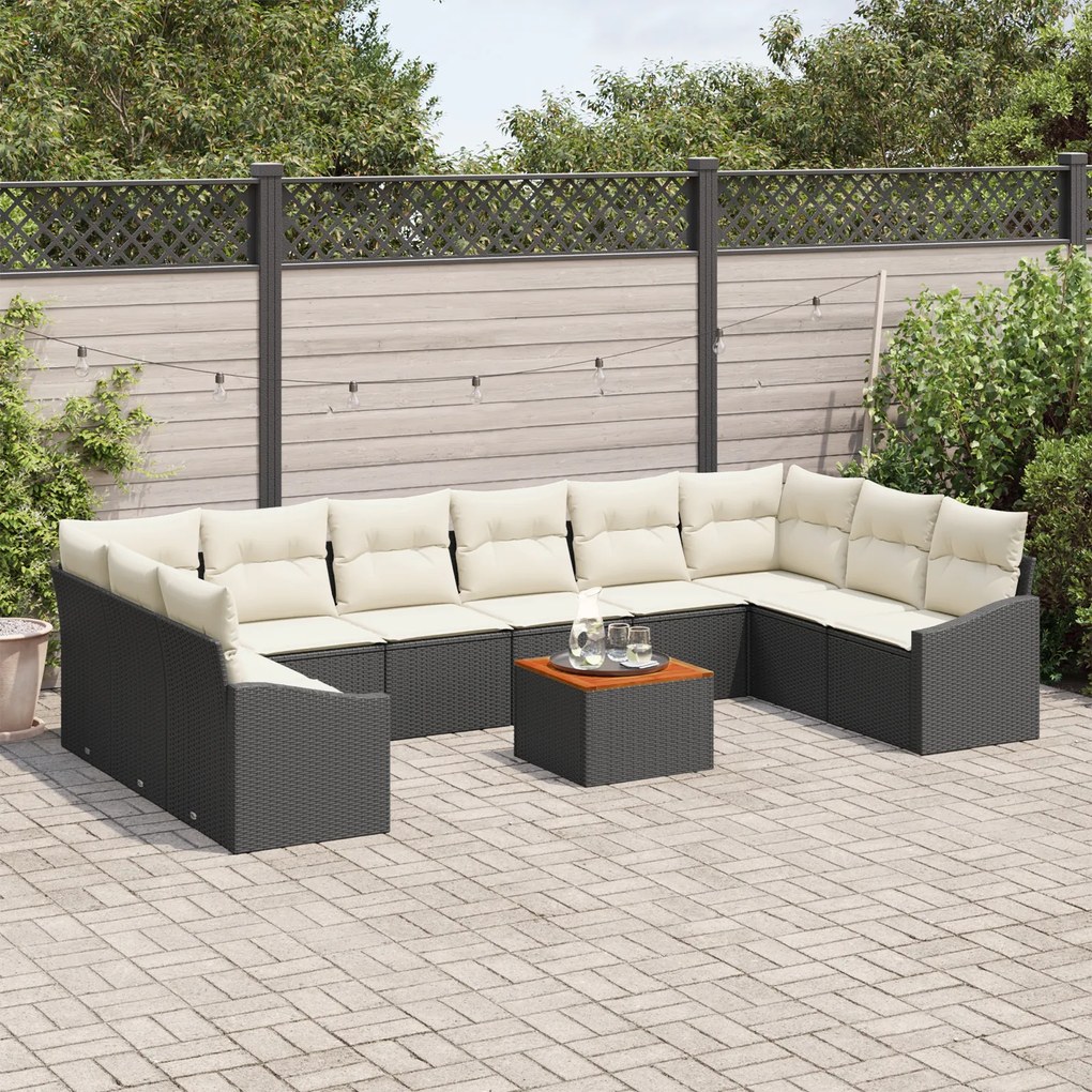 Conjunto de Sofá de Jardim de 11 Peças com Almofadas Preto Vime Sintét