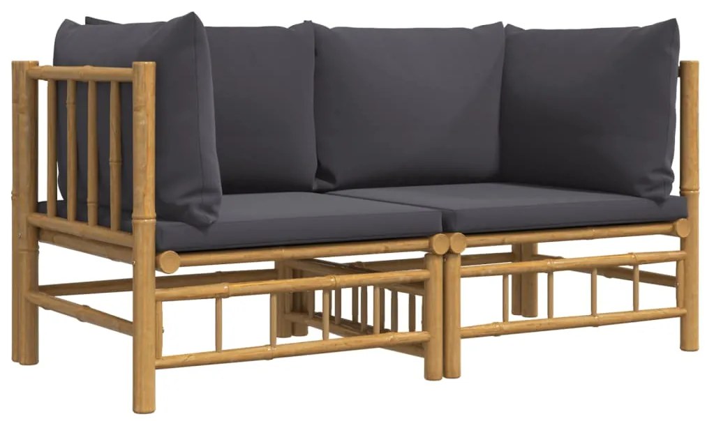Sofás de canto p/ jardim bambu c/ almofadões 2 pcs cinza-escuro