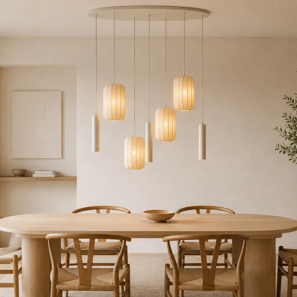Candeeiro Pendente Japandi Bege 7 Luzes - Pluni Tuba