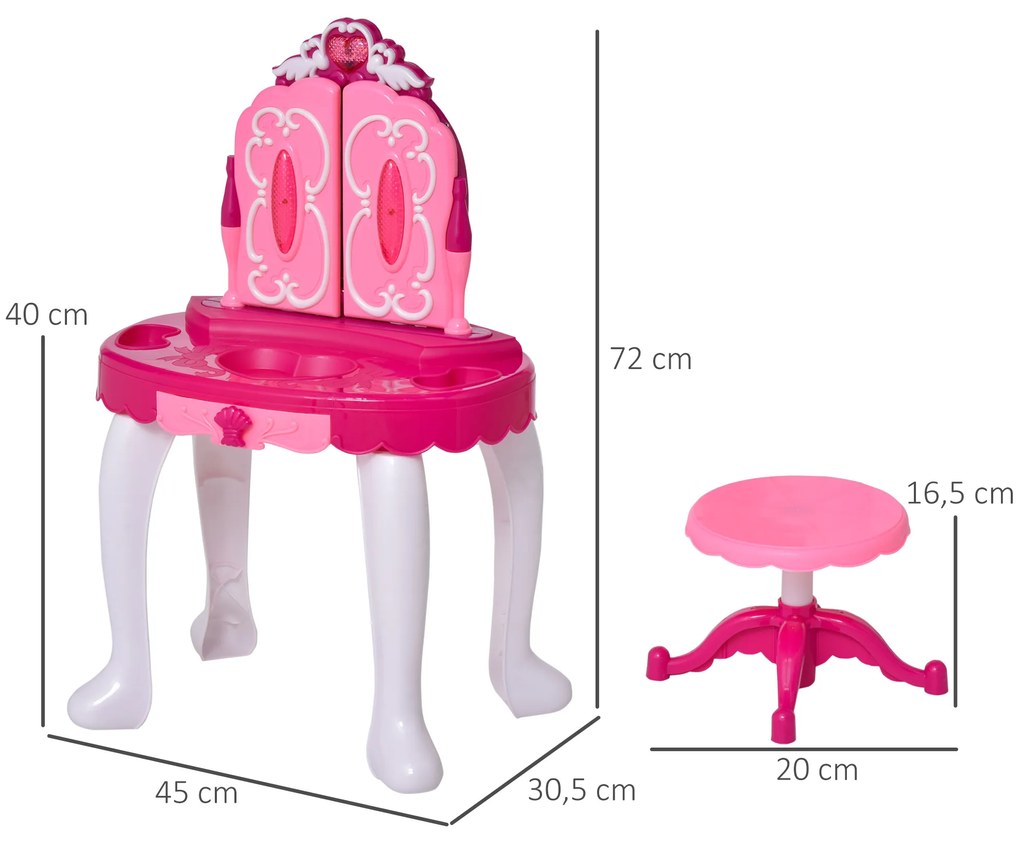 HOMCOM Conjunto de penteadeira para crianças acima de 3 anos penteadeira com banquinho música e iluminação espelho cosmeticos secador de cabelo esmaltes 45 x 30,5 x 72 cm