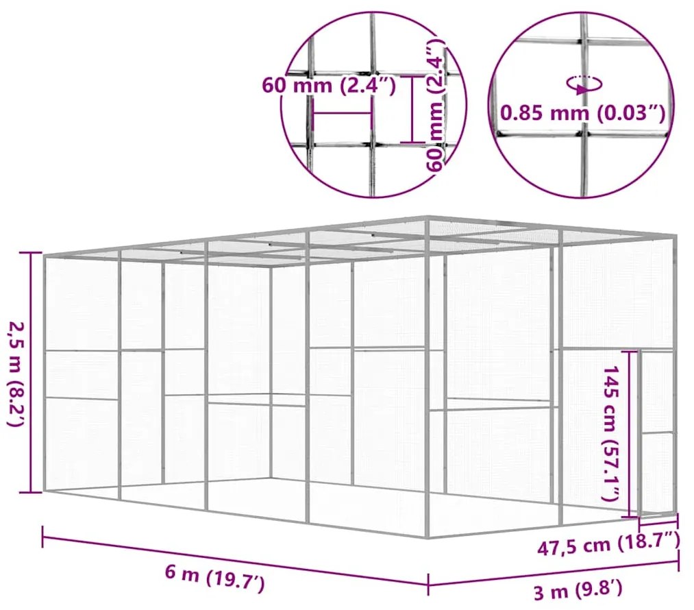 Jaula para gatos 6x3x2,5 m aço galvanizado