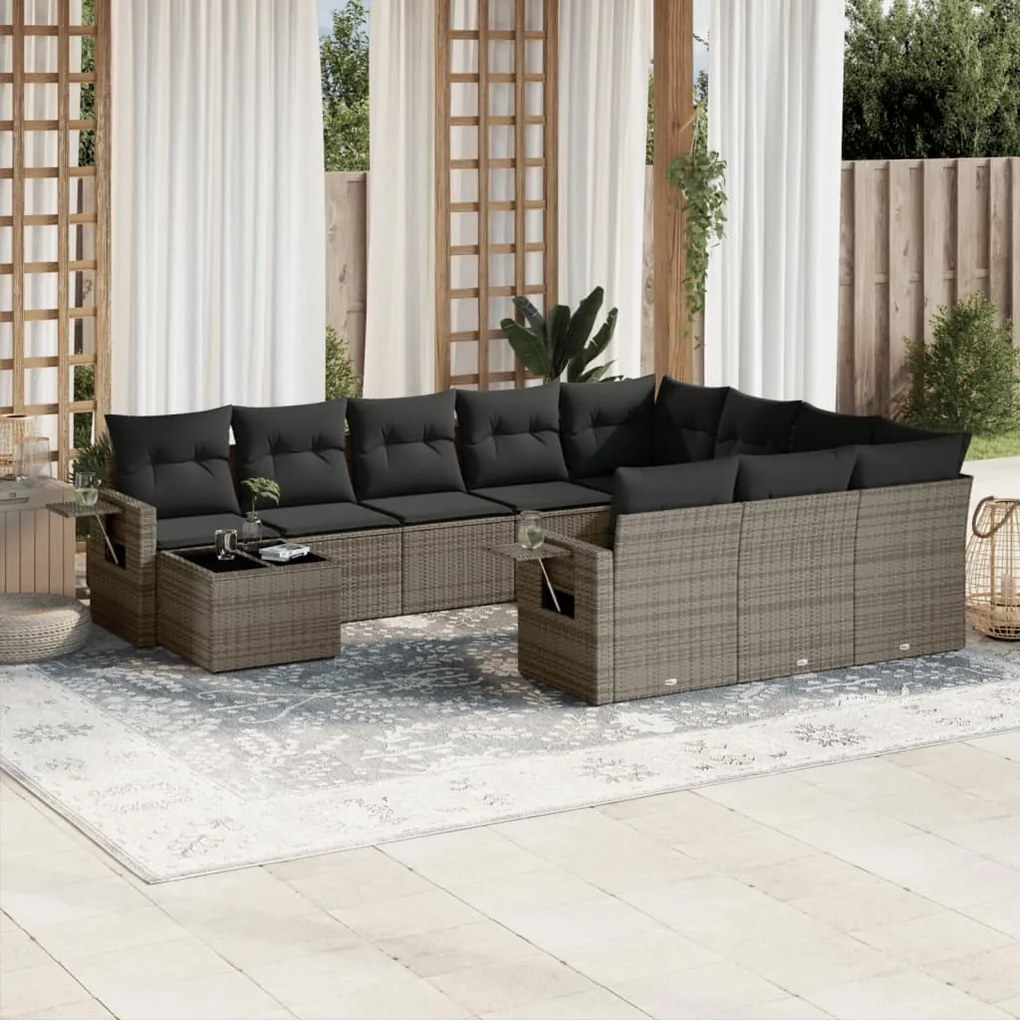 11 pcs conjunto sofás de jardim c/ almofadões vime PE cinzento