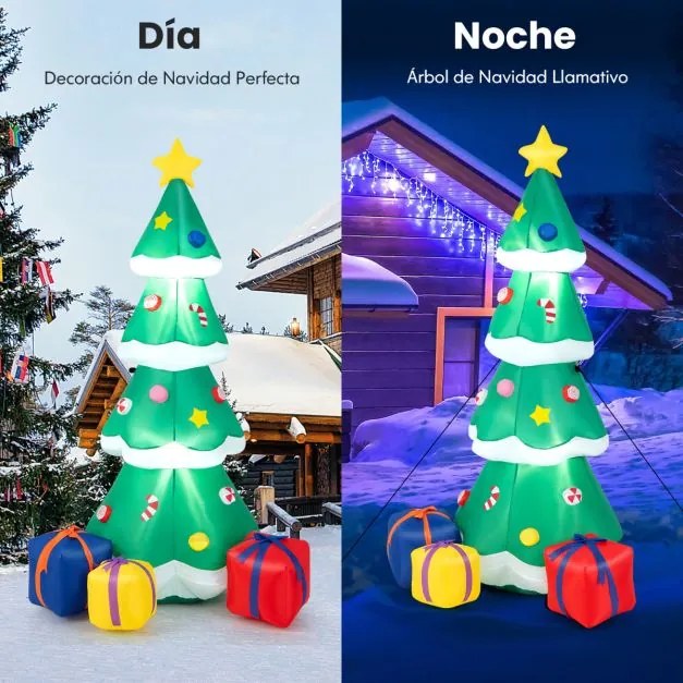 Árvore de Natal insuflável de 180 cm com 3 caixas de presente Luzes LED Saco de areia e estacas Decoração auto-insuflável para casa e jardim