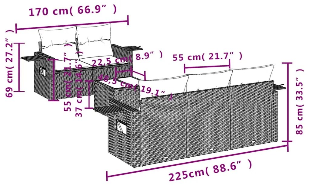 6 pcs conj. sofás jardim com almofadões vime PE cinzento-claro