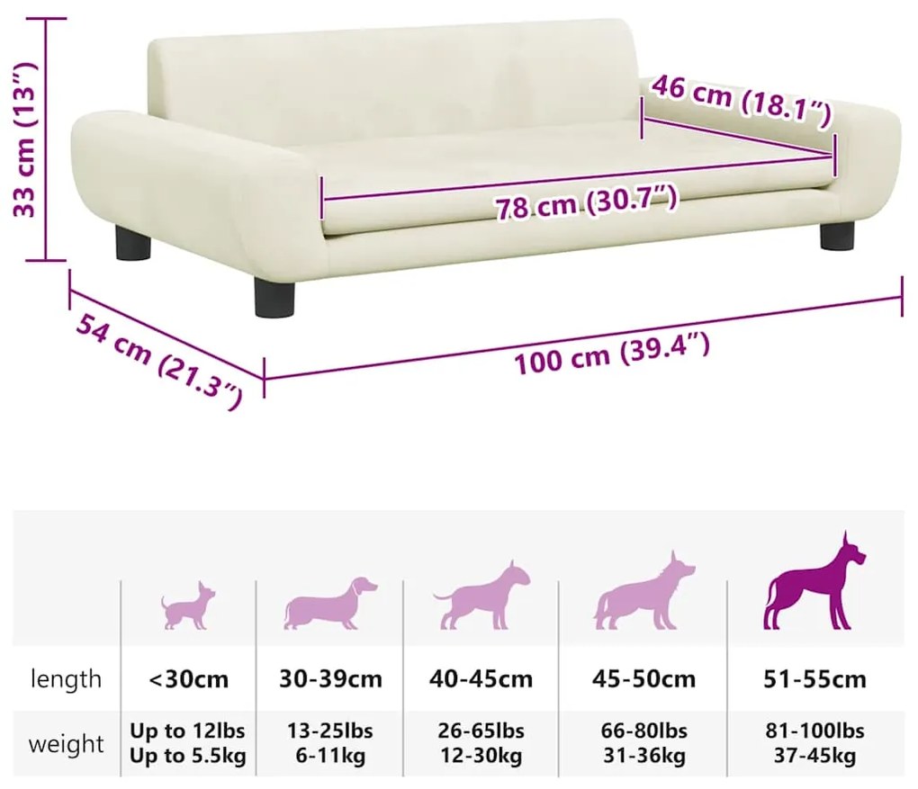 Cama para cães 100x54x33 cm veludo cor creme