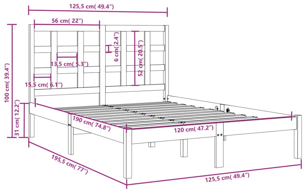 Estrutura cama pequena casal 120x190 cm pinho maciço branco