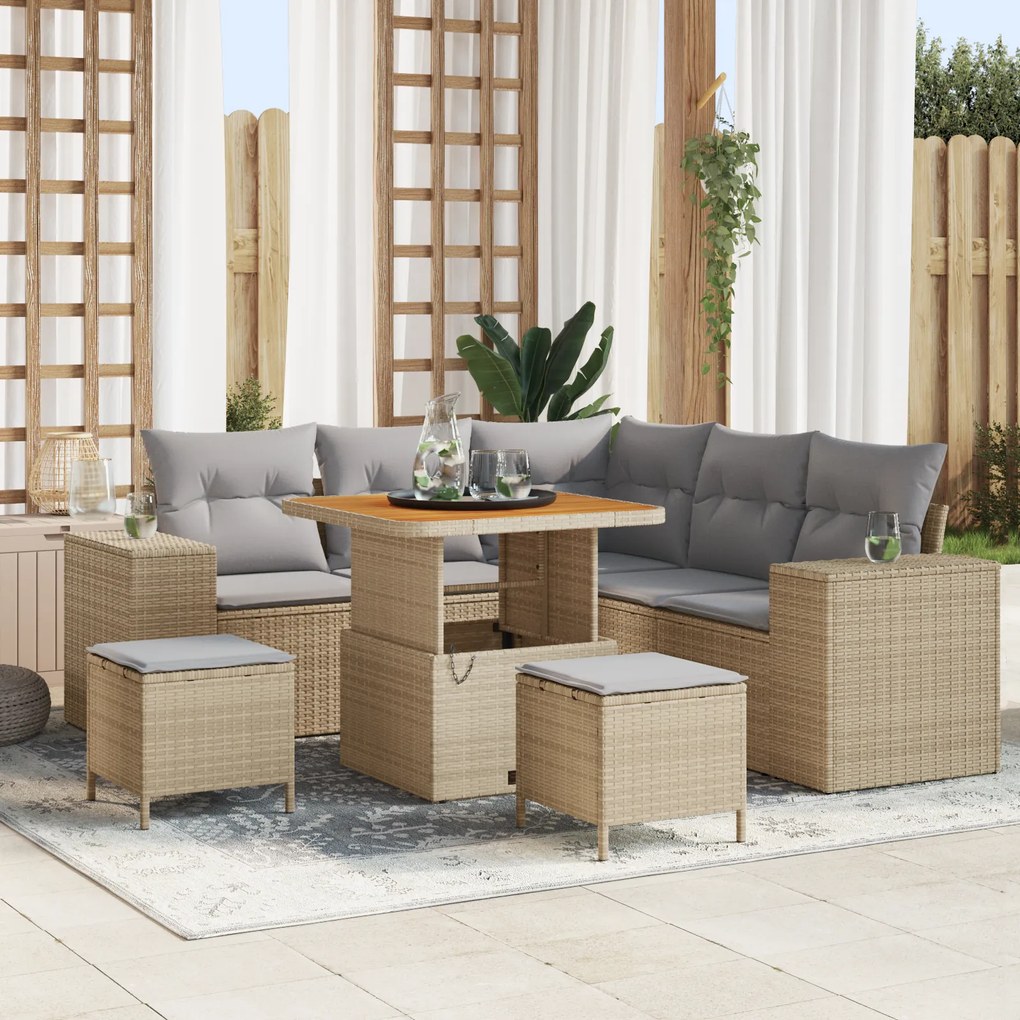 Conjunto de Sofá de Jardim vidaXL de 8 Peças com Almofadas Bege Rattan