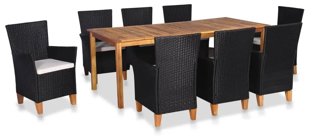 vidaXL 9 pcs conjunto de jantar para jardim vime PE preto e castanho