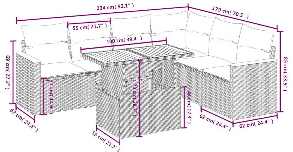7 pcs conjunto de sofás p/ jardim com almofadões vime PE bege