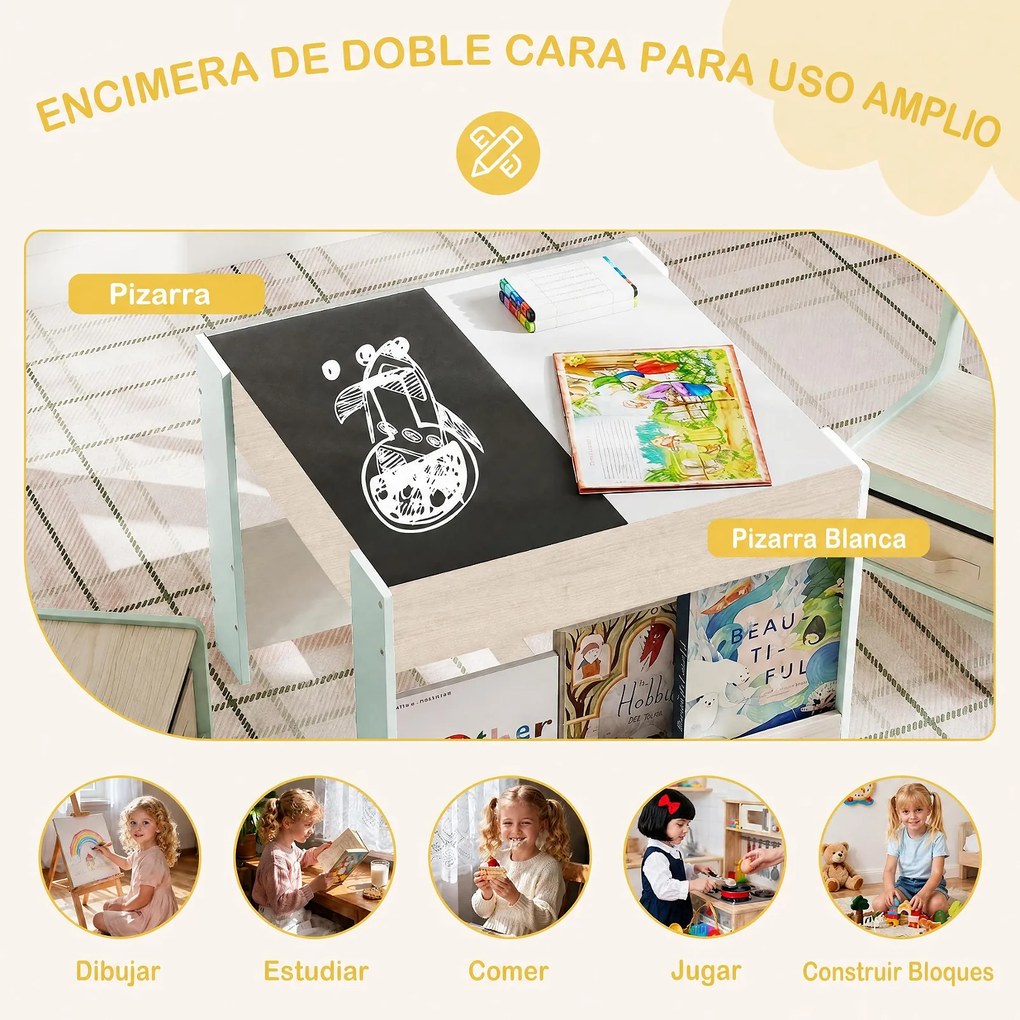 Conjunto de 1 Mesa de Atividades e 2 Cadeiras Infantis, 61,5 x 61,5 x 48 cm, Tampos Reversíveis com Quadro de Giz, Verde