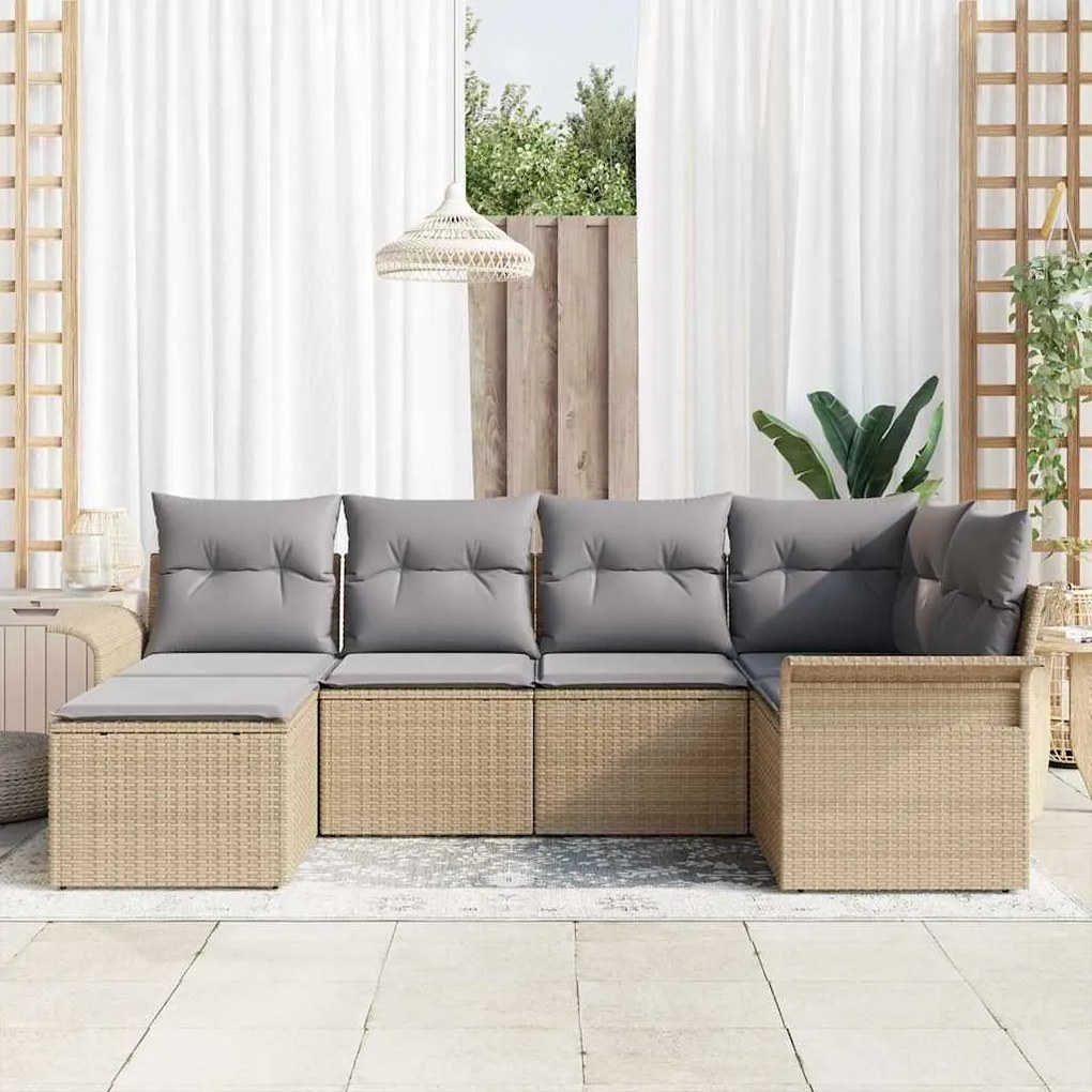 Sofá de Jardim 6 Peças com Almofadas de Rattan Sintético Bege