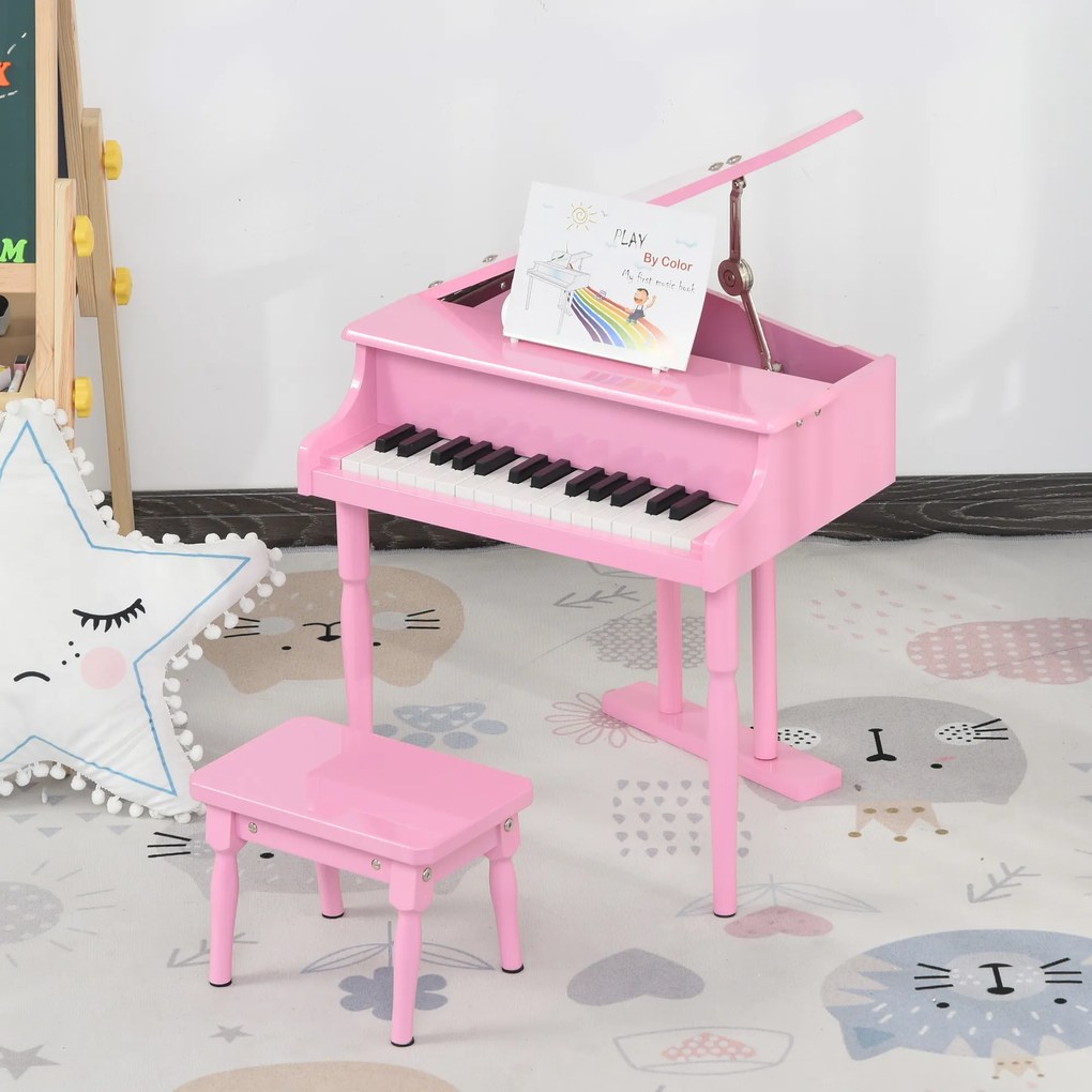 HOMCOM Piano de Cauda Infantil com 30 Teclas Banco Suporte de Partituras Piano para Crianças de MDF Instrumento Musical Educativo 52x50x49cm Rosa