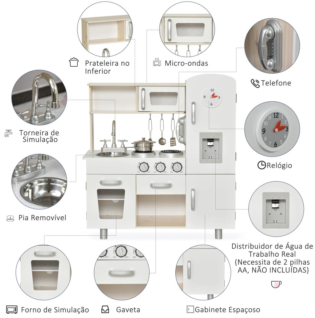 conjunto de brinquedo de cozinha para crianças acima de 3 anos inclui acessorios 77x30x82cm Branco