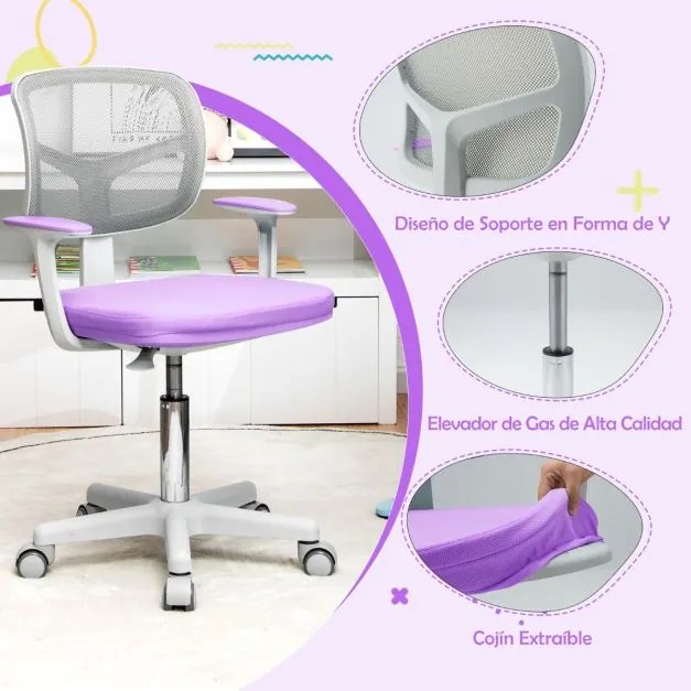 Cadeira de secretária ergonómica para crianças com rodas Apoio lombar ajustável em altura púrpura