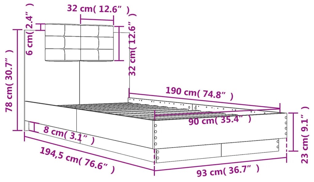 Estrutura de cama c/ cabeceira 90x190 cm deriv. madeira branco