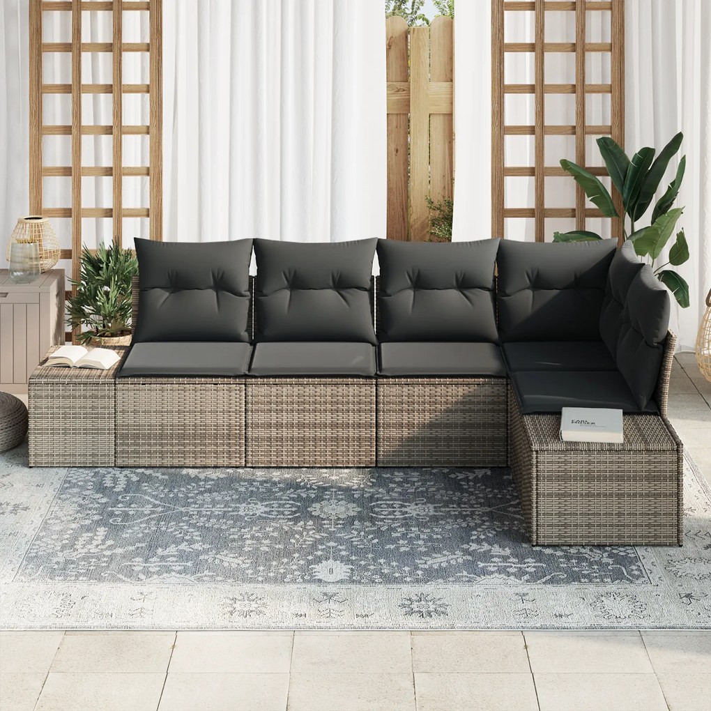 Conjunto de sofá de jardim com 5 peças e almofadas cinzento rattan sin